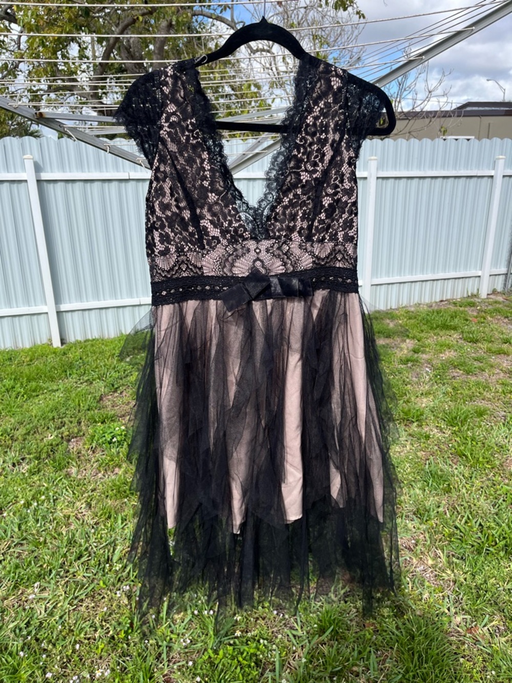 Black Lace Overlay V-Neck Wedding Dress with Nude Lining